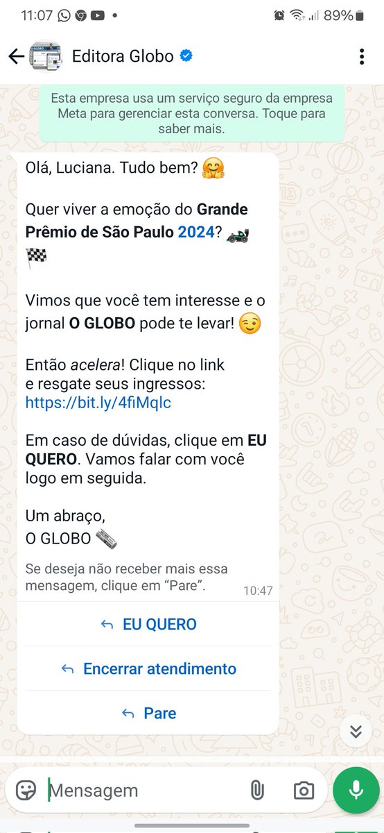 lacsvida's tweet photo. @editoraglobo acabei de receber esta mensagem por WhatsApp com selo verificado e tudo. Já imagino que seja golpe, mas fica a dica, pra tomarem cuidado

#golpe #g1 #Globo #f1sp https://t.co/zX7kC5gd7R