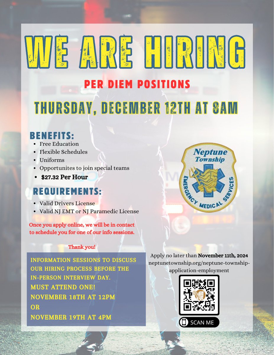 Looking for a per diem position? Apply to work with us today!
Deadline to apply is November 11th. To apply online now, please visit neptunetownship.org/neptune-townsh…...
.
.
.
.
#neptunetwpems #EMS #community #JoinOurTeam #communityems