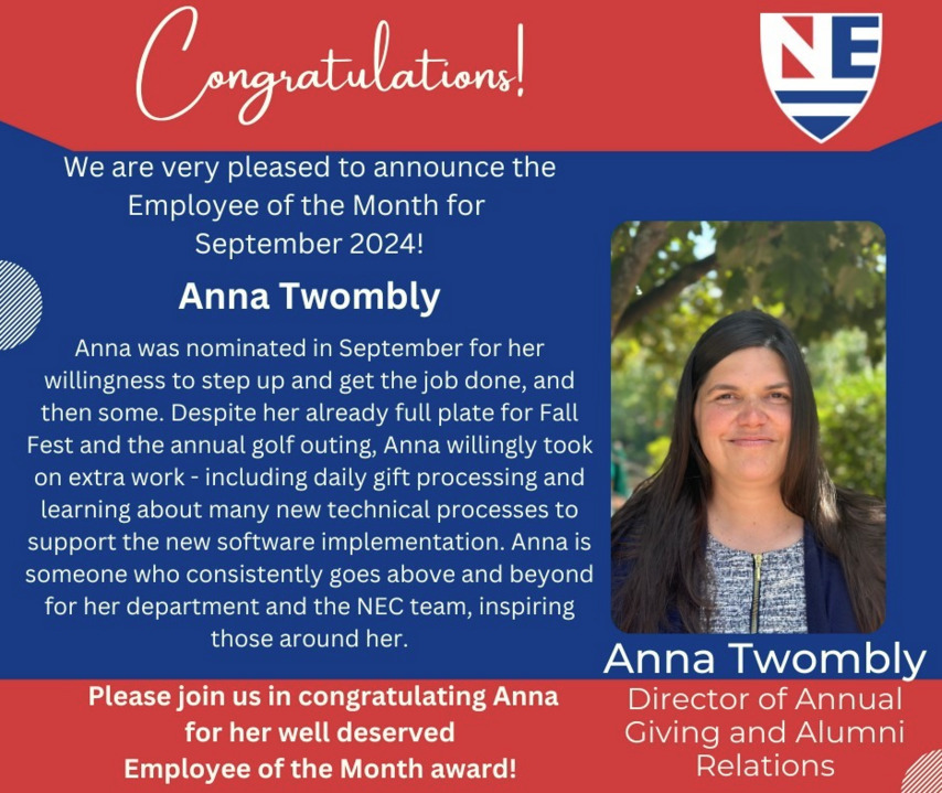 NewEngCollege's tweet photo. 🎉🌟 Congratulations to Anna Twombly, New England College's recent #EmployeeOfTheMonth! 🌟🎉 As the Director of Annual Giving and Alumni Relations, Anna has gone above and beyond in fostering connections and building community among our alumni and staff! 🙌❤️ #GreatPlaceToWork https://t.co/KngBrhhVjy