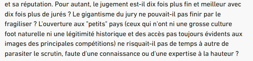 Romain_Molina's tweet photo. Toujours du mal à réaliser la "justification" de réduire le nombre de journalistes/pays votant pour le Ballon d'Or

Au nom de quoi les pays au-delà de la 100eme place du classement FIFA auraient une moins "grosse culture foot naturelle" et pas d'accès aux images des compétitions? https://t.co/EqpgLU7eAU