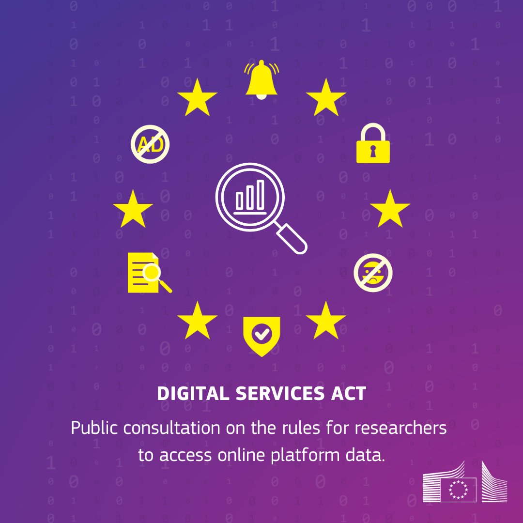 EU_Commission's tweet photo. The research community is key in safeguarding digital spaces.
 
We are seeking views on the rules for researchers to access platform data under the Digital Services Act.
 
For the first time, they'll study systemic risks and assess platforms’ risk mitigation measures in the EU ↓