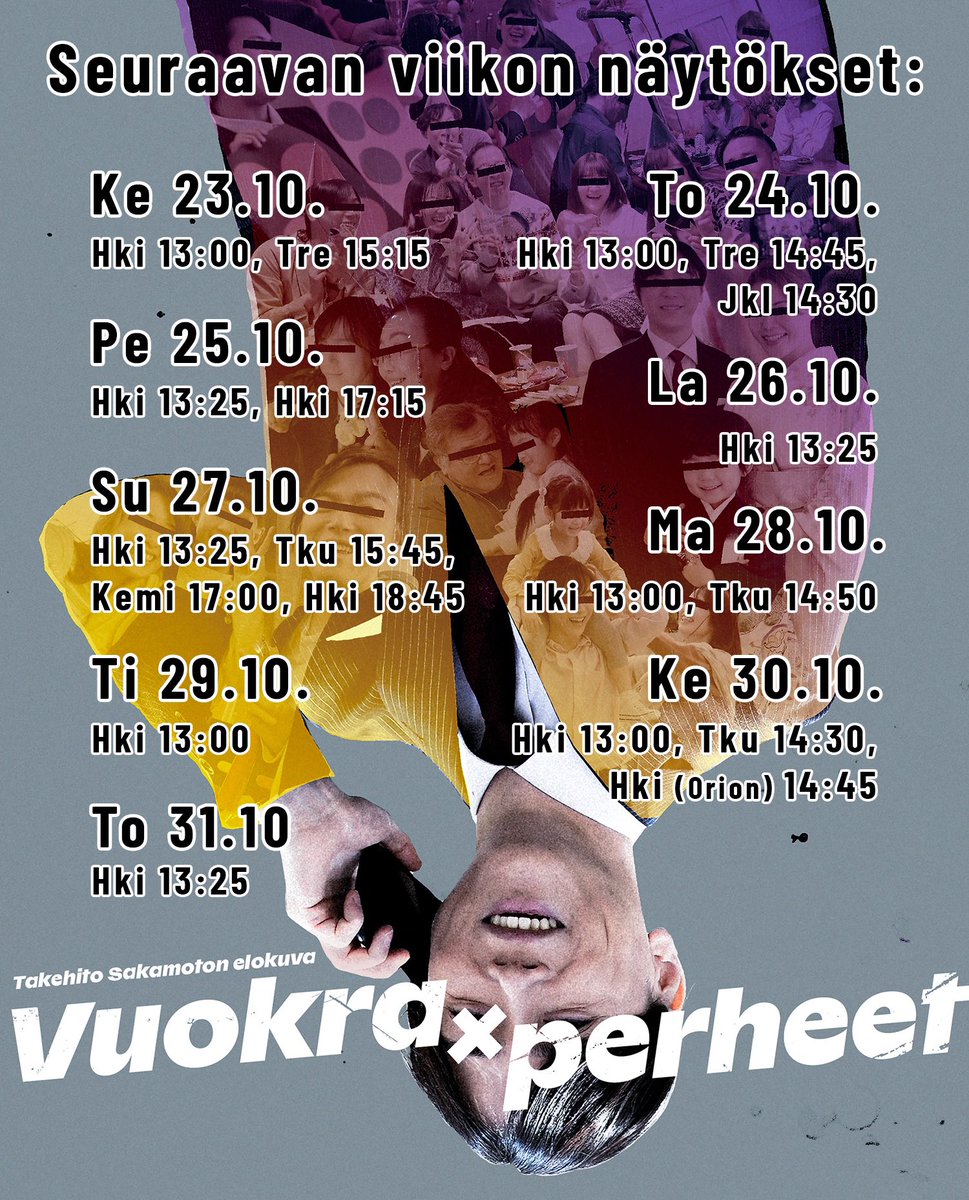 TabiCineFilms's tweet photo. Vuokraperheiden näytökset jatkuvat!
Turun viimeinen näytös on keskiviikkona kello 14:30. Helsingissä taas Orion järjestää vielä yhden näytöksen keskiviikkona kello 14:45.
Tämän jälkeen viimeiset näytökset ovat päivänäytöksiä Helsingissä, ensi perjantai poislukien. https://t.co/iQQMGPc3bl
