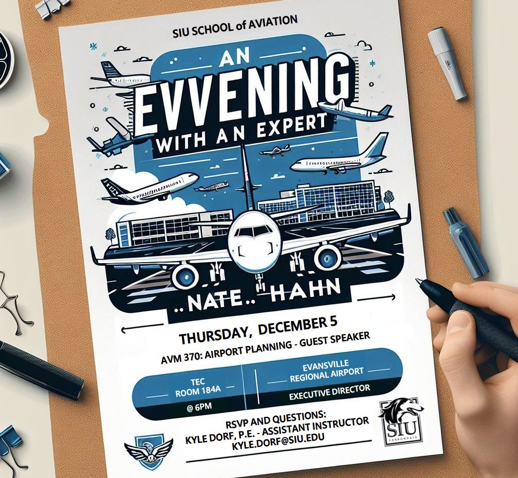 SIU Aviation students - Join us on DEC 5th for an inspiring guest speaker event! We're thrilled to host Nate Hahn (Executive Director for Evansville Regional Airport).  Nate is a renowned expert in the aviation industry. 
#siuaviation #guestspeaker #aviationindustry #Inspiration