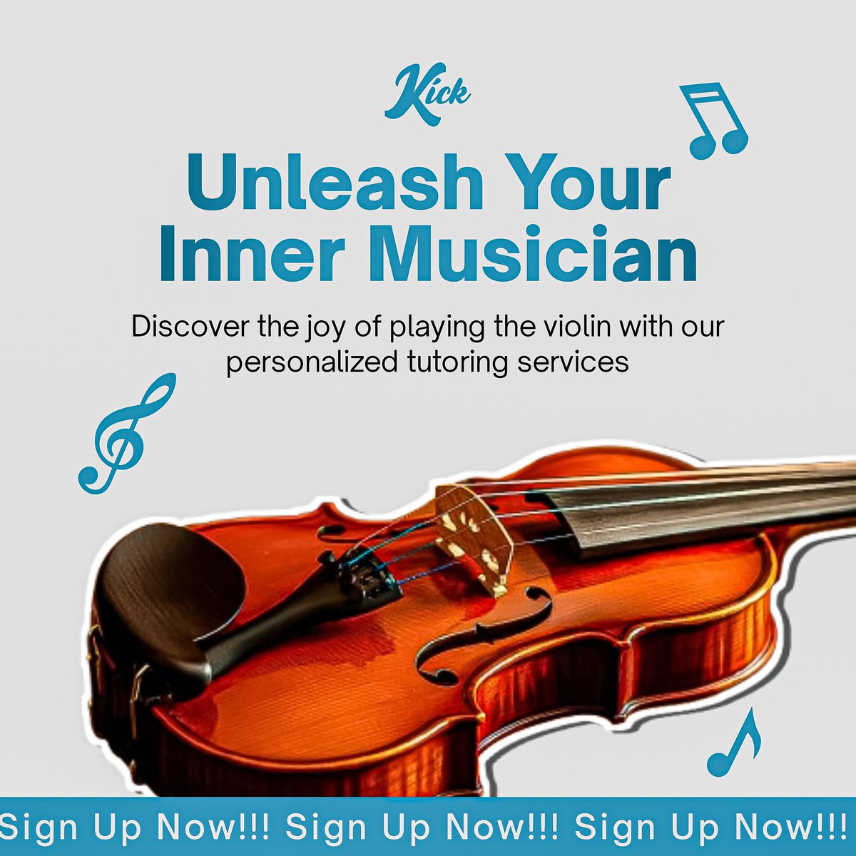PeejayCre8ive's tweet photo. I have the privilege to present to you the social media design flyer I did for a violin academy called Kick. 
They want to convey a sense of bravery, so I make use of OpenSauceOne for the texts.  Let me know what you think about the design in the comments section below. https://t.co/YUDL8Spyls