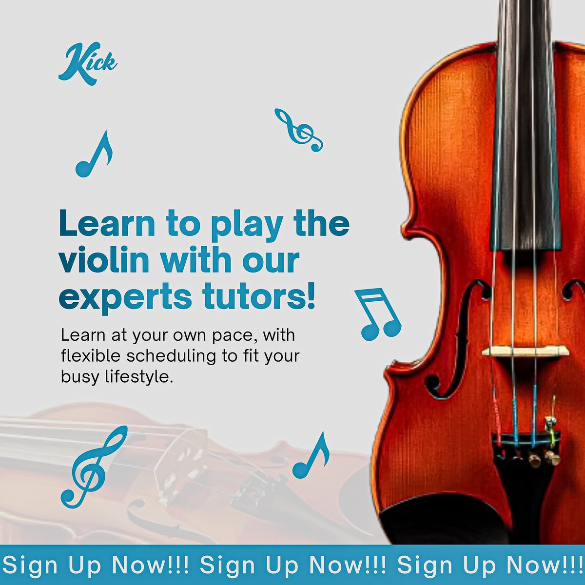 PeejayCre8ive's tweet photo. I have the privilege to present to you the social media design flyer I did for a violin academy called Kick. 
They want to convey a sense of bravery, so I make use of OpenSauceOne for the texts.  Let me know what you think about the design in the comments section below. https://t.co/YUDL8Spyls