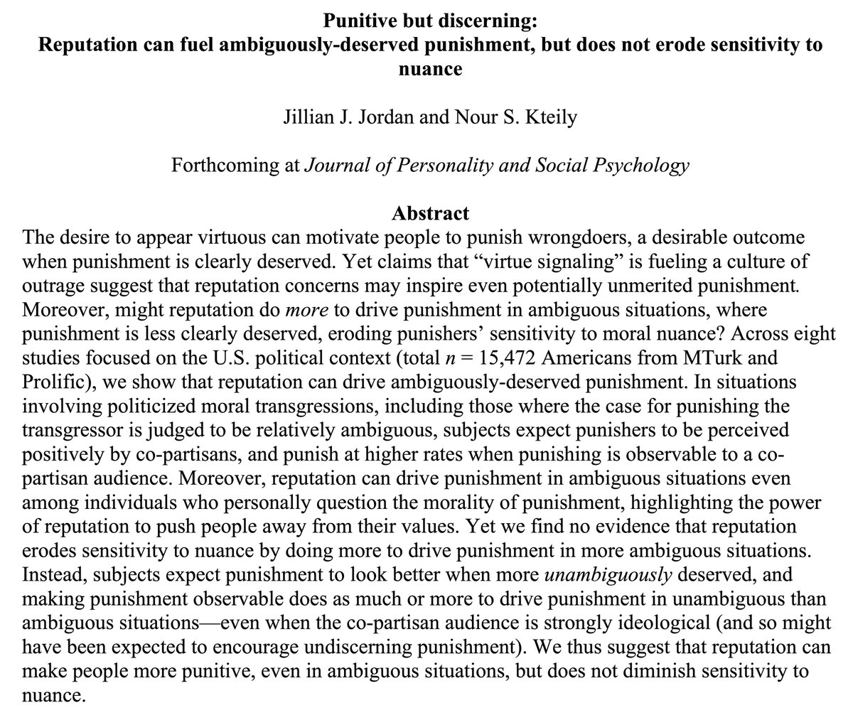 Is "virtue signaling" fueling a culture of outrage that destroys our sensitivity to nuance &amp; drives us to harshly punish alleged wrongdoers, even if we’re not sure they deserve it?

Paper w/@NourKteily, just accepted @ JPSP, explores these questions!

osf.io/preprints/psya…
🧵👇