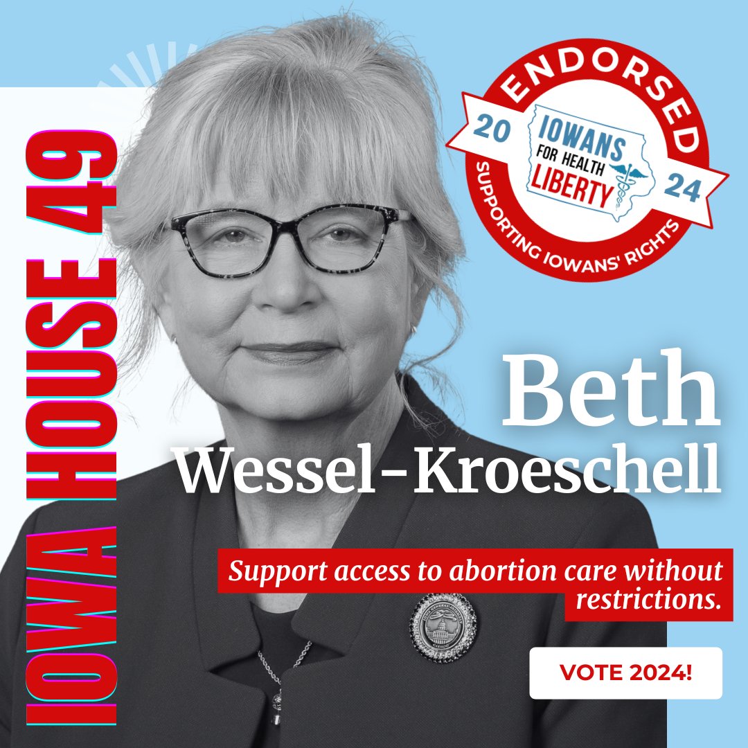 Beth Wessel-Kroeschell stands for reproductive freedom and healthcare rights. We proudly endorse her for Iowa House District 49!

Learn more and support the work of #Iowans4HealthLiberty

iowans4healthliberty.com/donate-to-supp…