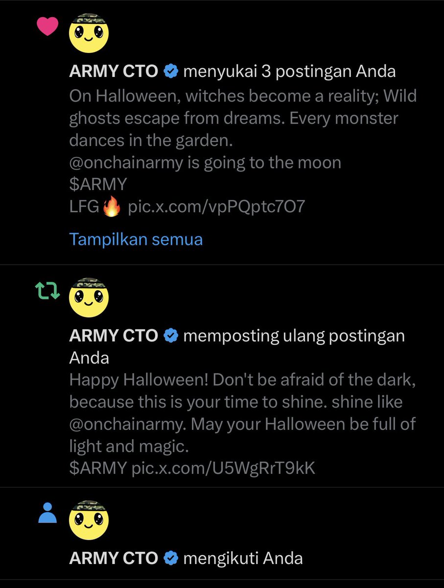 Oh my god I was followed back🥹 finally got the first repost from @onchainarmy Thank you very much! let's buy $army while the price is still below 100m, because soon $army will be at 100m. don't regret it!