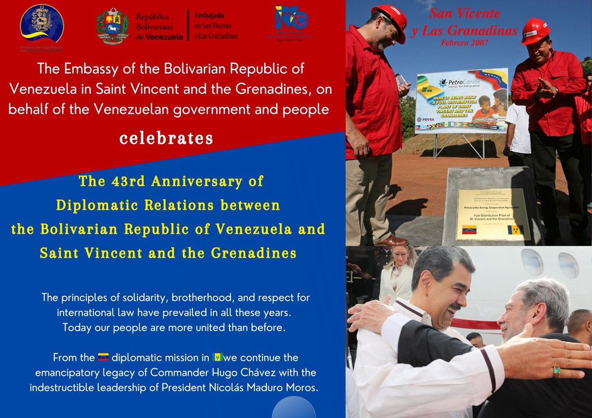 Embassy of Venezuela in StVincent & the Grenadines (@embavestvincent) on Twitter photo The Embassy of the Bolivarian Republic of Venezuela in Saint Vincent and the Grenadines, on behalf of the Venezuelan government and people, celebrates the 43 Anniversary  of diplomatic relations between both sister nations. The principles of solidarity, brotherhood, and respect The Embassy of the Bolivarian Republic of Venezuela in Saint Vincent and the Grenadines, on behalf of the Venezuelan government and people, celebrates the 43 Anniversary  of diplomatic relations between both sister nations. The principles of solidarity, brotherhood, and respect