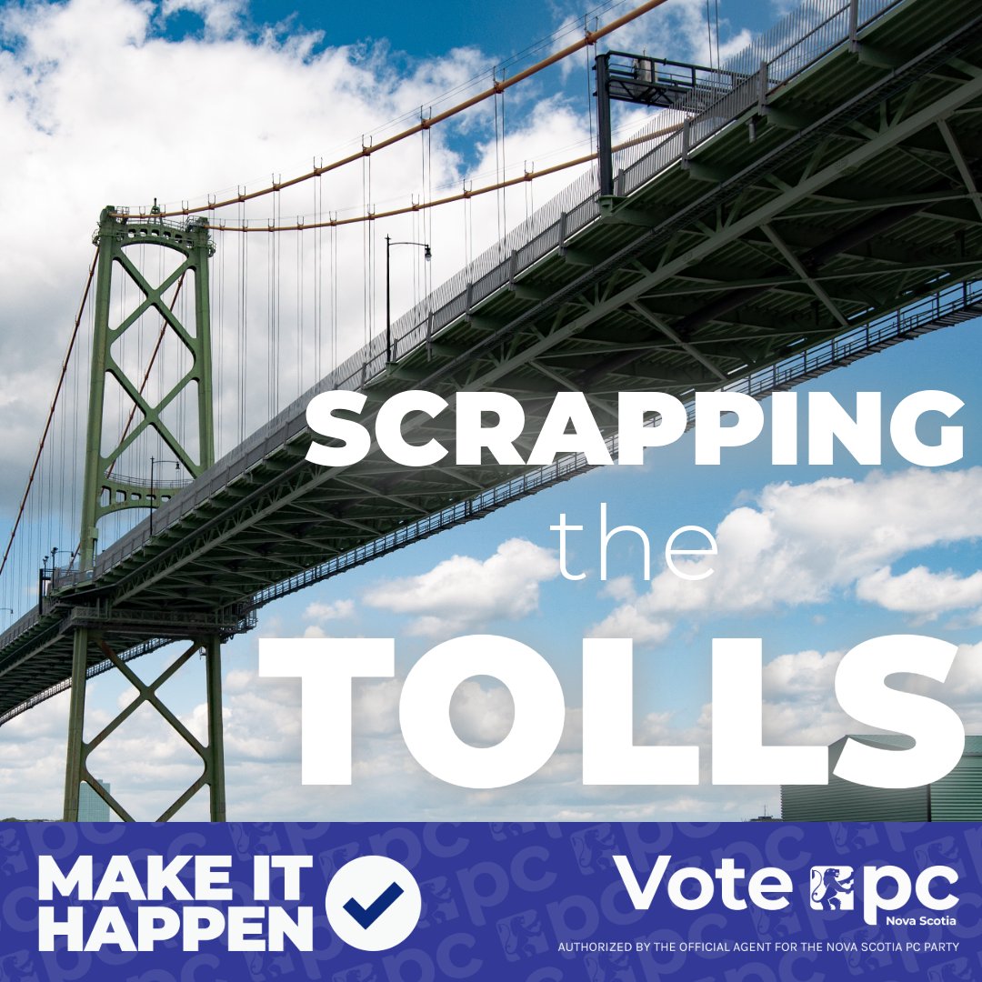 A re-elected PC Government will scrap the tolls on the MacKay and Macdonald bridges, putting time and money back in commuters’ hands. We’re committed to making it happen for Nova Scotians! ✅