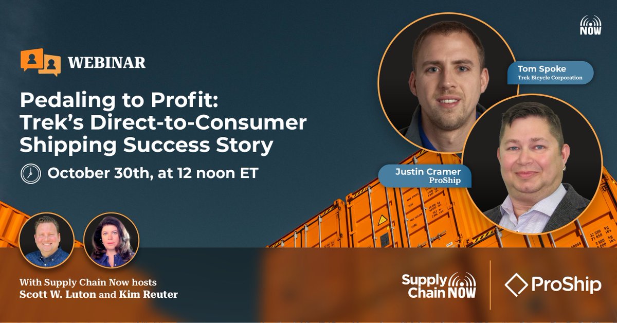 _supplychainnow's tweet image. 📈Join @ScottWLuton, Kim Reuter, @TrekBikes' Tom Spoke, and @ProShipInc's Justin Cramer tomorrow to learn how Trek's DTC shift #optimizedshipping and improved customer experiences.

Secure your spot now: bit.ly/3BMPGa1
