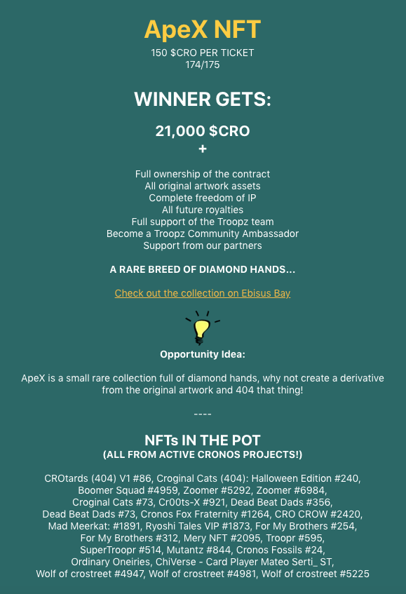 🚨 TROOP LOOT ‘ApeX’ IS NOW LIVE!  🚨

The final and most lucrative loot we have ever dropped!

🔥 The most rare collection in the @trooprzarmy ecosystem
 
🎁 175 boxes

💰 150 $CRO per box

🤑 21,000 $CRO  top prize!

🤝 Full contract ownership + future royalties

HIGHLY SOUGHT