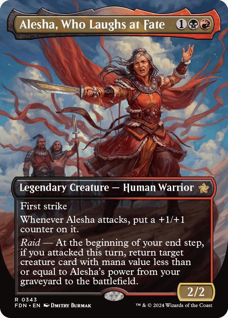 while i know it makes templating easier, foundations feels like it could have been the perfect time to start using legendary character’s known pronouns. enjoy seeing that in other games, makes characters feel more real.

(e.g. whenever alesha attacks, put a +1/+1 counter on her)