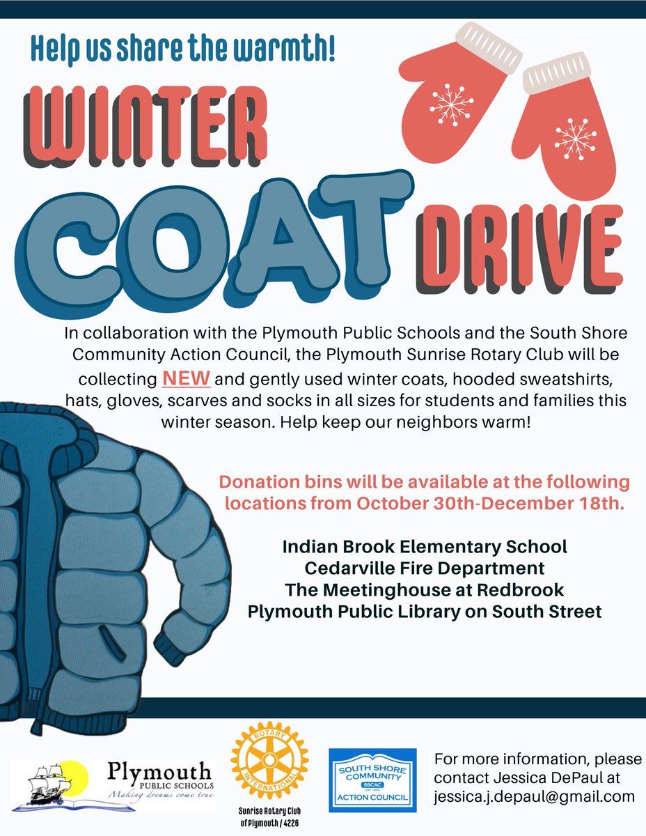 In partnership w/ <a href="/SSCAC/">SSCAC, Inc.</a> &amp; <a href="/SunrisePlymouth/">Sunrise Rotary Club of Plymouth</a>, PPS is collecting NEW &amp; gently used winter coats, hoodies, hats, gloves, scarves, &amp; socks for students &amp; families in need. Drop donations at designated locations from 10/30 through 12/18. Help us keep our community warm! ♥️🧥🧤🧣