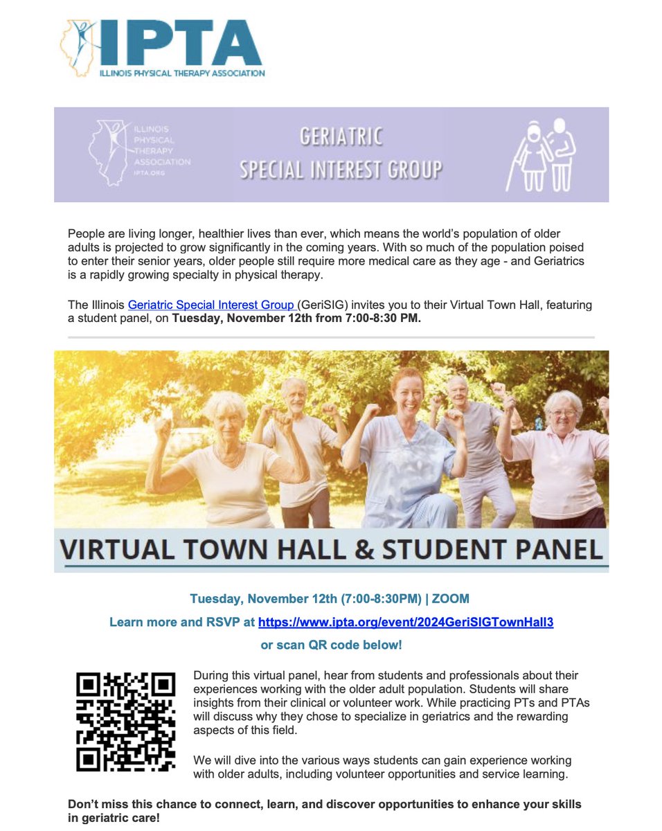 Hello students!

We are delighted to announce our upcoming event with the Geriatric SIG where we will be hosting a informational student panel!

📍Tuesday, 11/12 @ 7:00 pm via Zoom

RSVP using the QR code above or the link below

ipta.org/event/2024Geri…