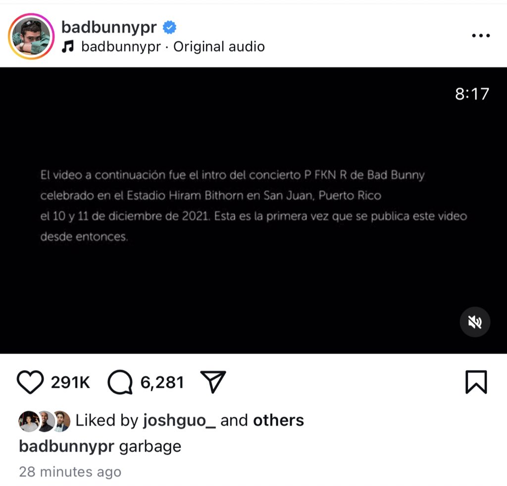 Victorshi2020's tweet photo. Whoa. Bad Bunny just posted an 8-minute long video titled “Garbage” to his 45+ million followers on Instagram. He sets the record straight about Puerto Rico &amp; how it’s the opposite of garbage. Republicans messed around &amp; they are finding out. Thank you, Bad Bunny. https://t.co/LxffAHtAoA