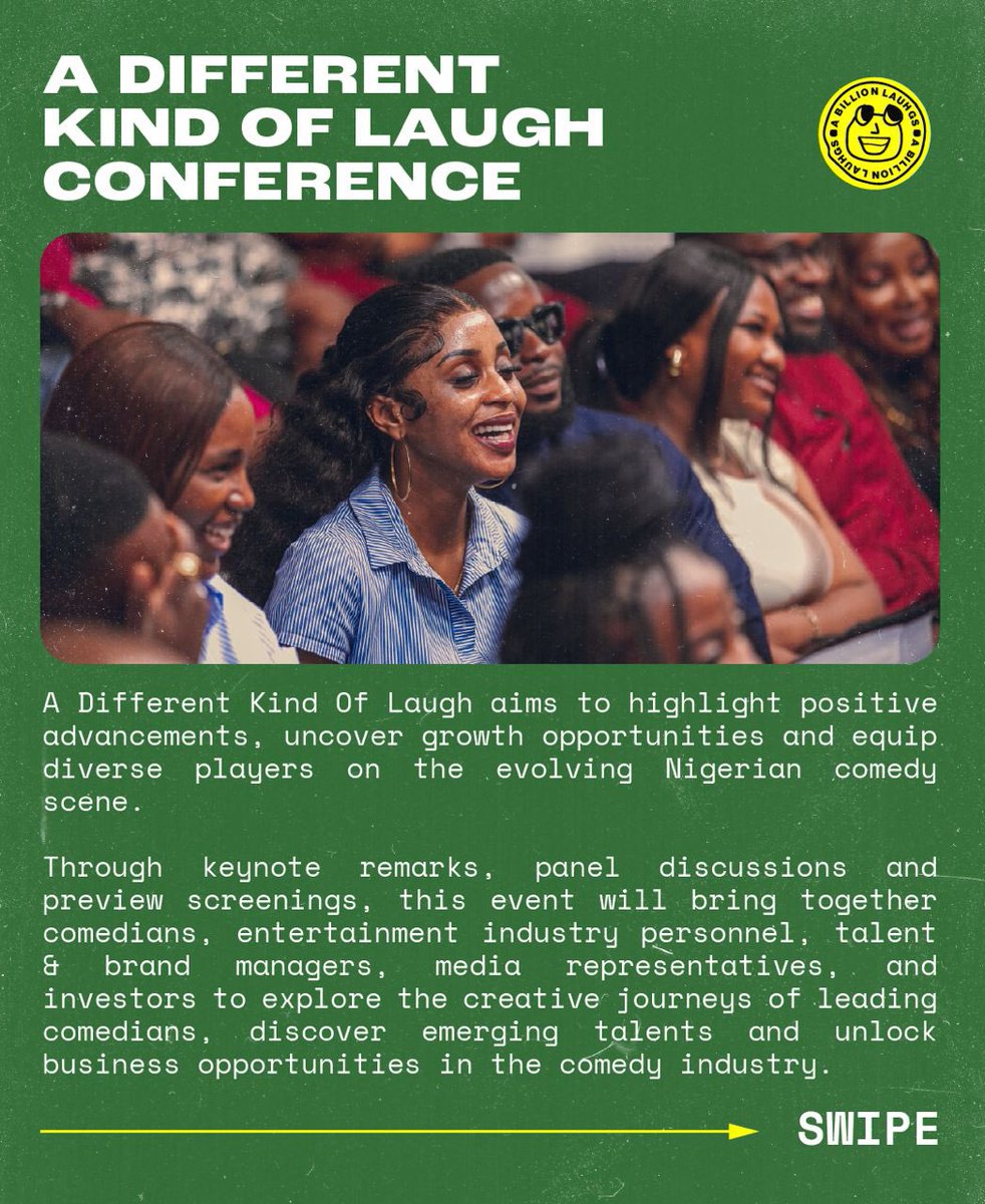 abillionlaughs's tweet photo. A Different Kind Of Laugh Conference. 

It’s a conference on the Nigerian comedy industry. 

November 3rd.

Alliance Francais, Ikoyi. 

12 - 4PM

Attendance is Free, Registration is compulsory. https://t.co/HF4z3NR8ok