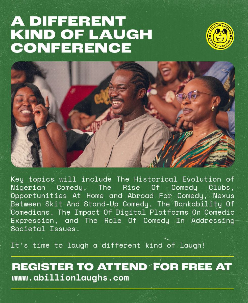 abillionlaughs's tweet photo. A Different Kind Of Laugh Conference. 

It’s a conference on the Nigerian comedy industry. 

November 3rd.

Alliance Francais, Ikoyi. 

12 - 4PM

Attendance is Free, Registration is compulsory. https://t.co/HF4z3NR8ok