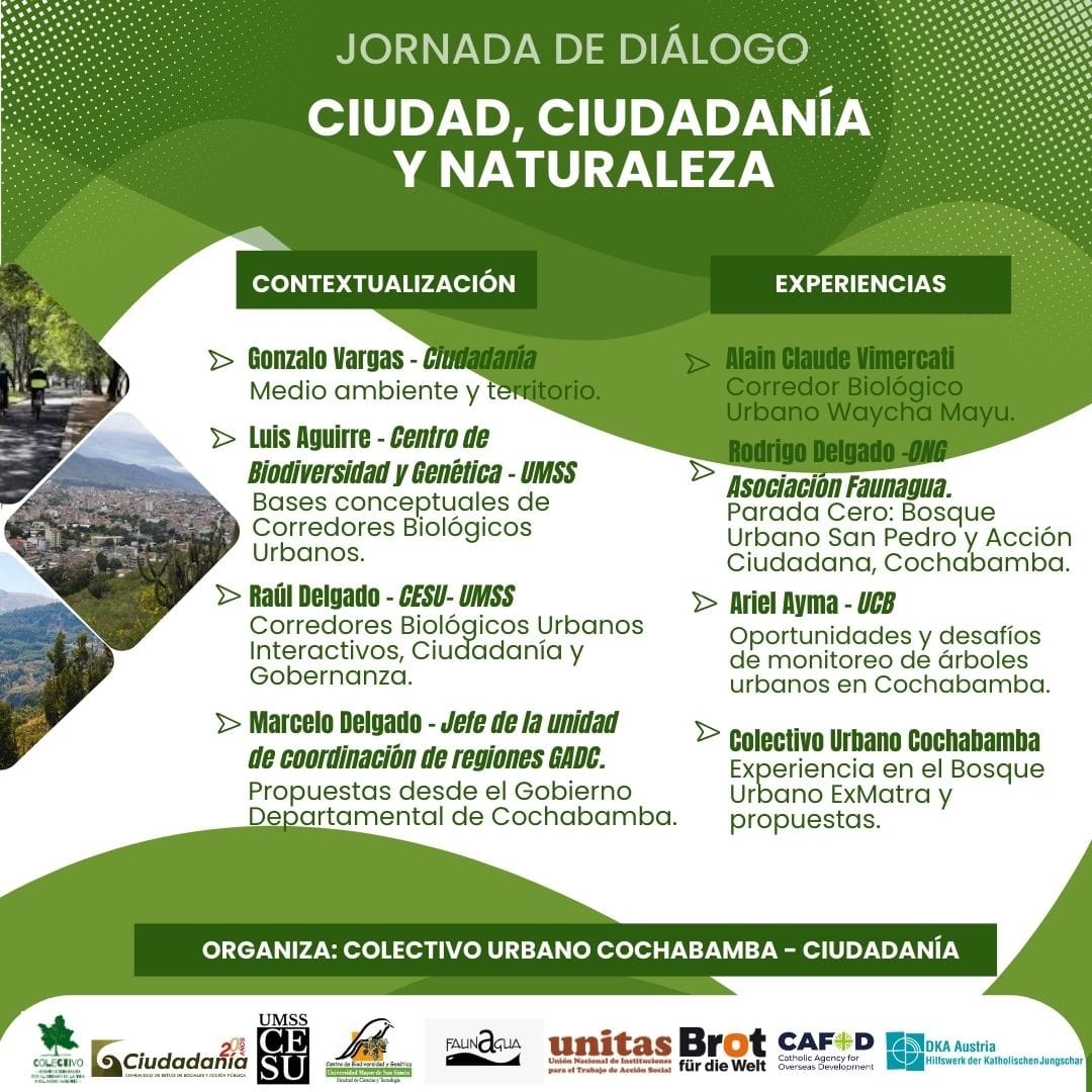 En el Día Mundial de la Ciudad, el Colectivo Urbano Cochabamba y Ciudadanía invitan a la Jornada Ciudad, Ciudadanía y Naturaleza.
Jueves 31 de octubre
8:30 a 12:30
Casa Departamental de las Culturas, Plaza Principal Cbba.
#CiudadaníaAmbiental
#ArboladoUrbano
#CorredoresBiológicos