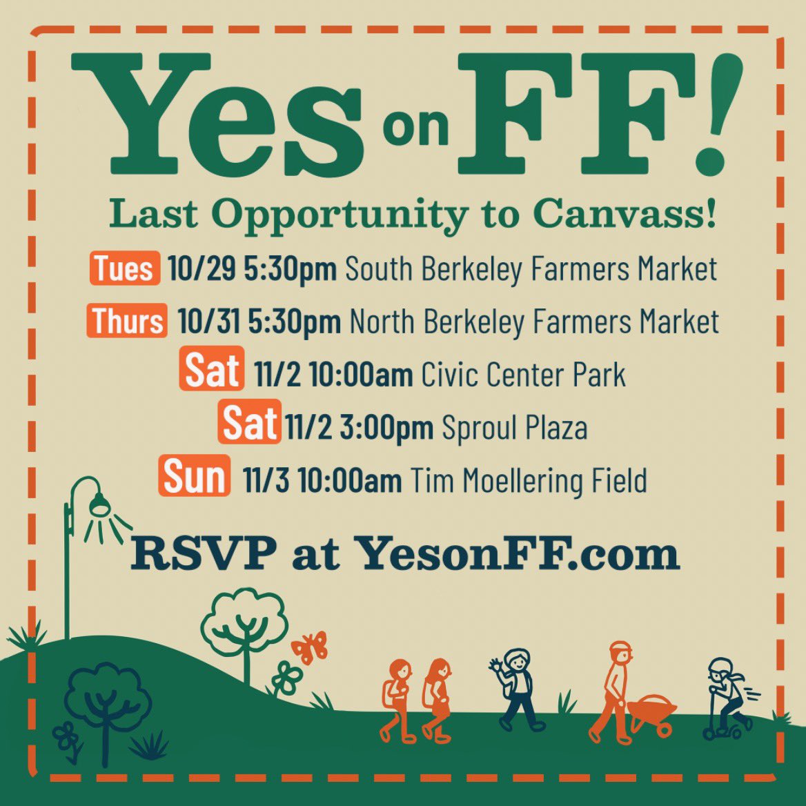 🚨 Last opportunity to volunteer before Election Day! 🚨Help us secure victory for safe streets in Berkeley and RSVP to canvass at one of our upcoming events. Materials and training will be provided 😊 See you out there!