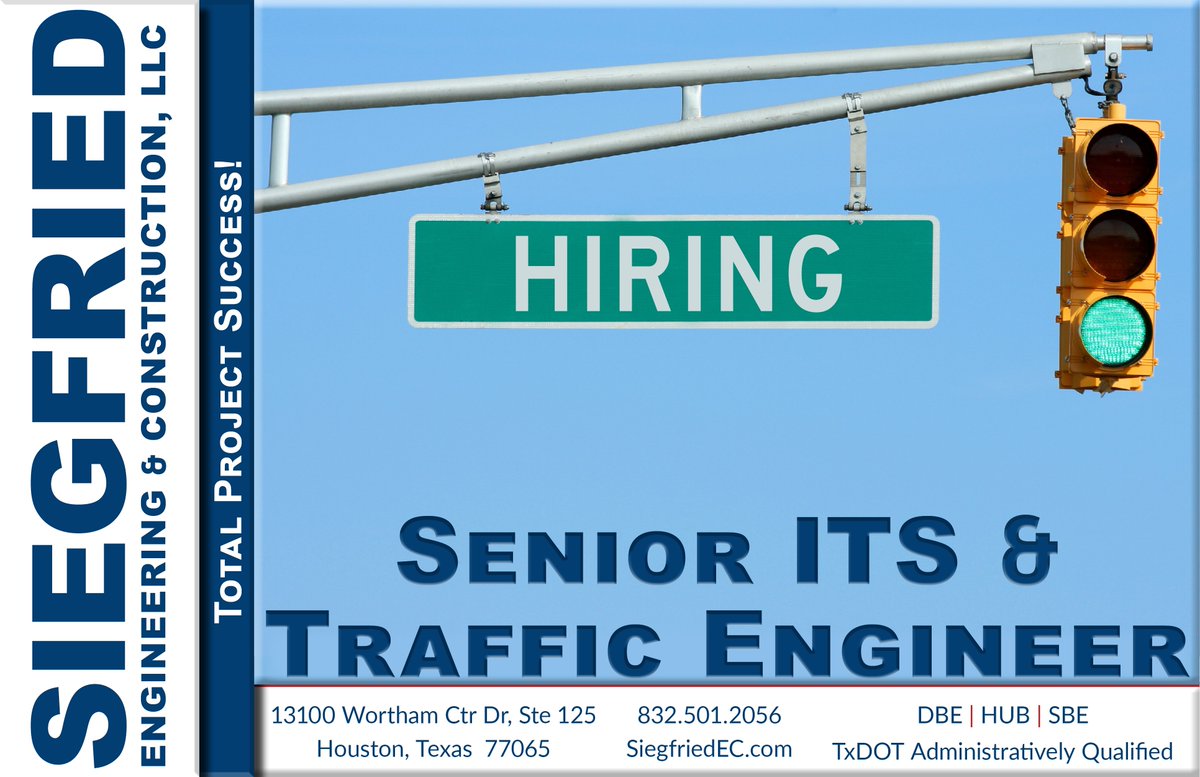 Siegfried_EC's tweet photo. #SiegfriedEngineering & Construction is hiring a Senior ITS & Traffic Engineer to join our Houston team. We offer competitive packages and are an equal opportunity employer. So, send your cover letter & resume to Info@SiegfriedEC.com and join our team for #TotalProjectSuccess. https://t.co/HAgrbqqz1s