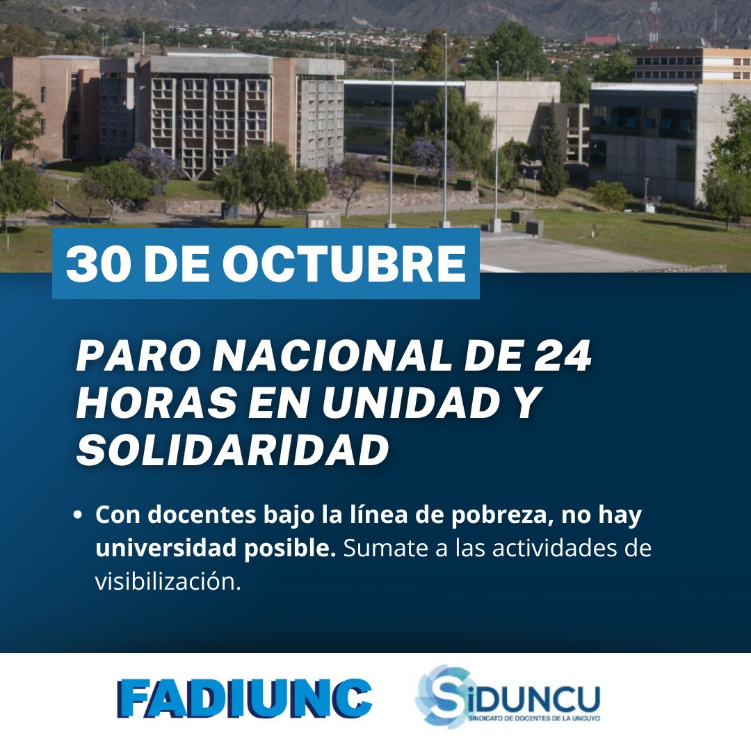 fadiunc's tweet photo. 🔵 MAÑANA, PARO NACIONAL DE 24 HORAS

⚠️ Con docentes bajo la línea de pobreza, no hay universidad posible. Sumate a las actividades de visibilización. https://t.co/7XLy3ksjOl