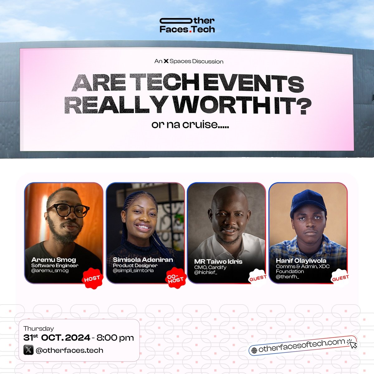 OtherFaces_Tech's tweet photo. Hello OFTians!
Who missed our town halls?👀
Well, we are back with another one!🥳
This Thursday, 31st, we'll be discussing tech events, how important they are, or even if they are worth it at all.
Mark your calendars, come with a friend or two!🤗
#OtherFacesofTech
#TechEvents https://t.co/DGZ7XmKRBZ