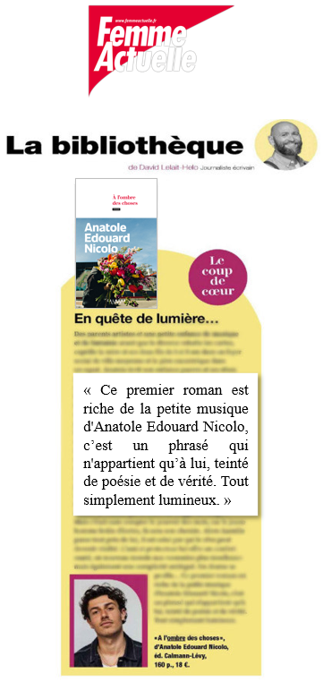 "À l'ombre des choses", premier roman de <a href="/AnatoleNicolo/">Anatole Edouard Nicolo</a>, est le coup de cœur de <a href="/FemmeActuelle/">Femme actuelle</a> 💙

Retrouvez-le ici : brnw.ch/21wOcIZ