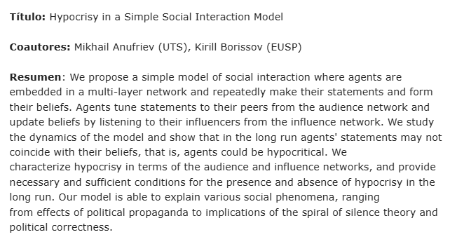 🚨Next <a href="/EconUpo/">Econ-UPO</a> #Seminar🚨

📄"Hypocrisy in a Simple Social Interaction Model" 
🗣️Mikhail Pakhnin (Universidad de Islas Baleares)

 📅Monday 4, Nov. 
🕛12 noon 
📍Boardroom. Building 3. <a href="/pablodeolavide/">Pablo de Olavide</a>