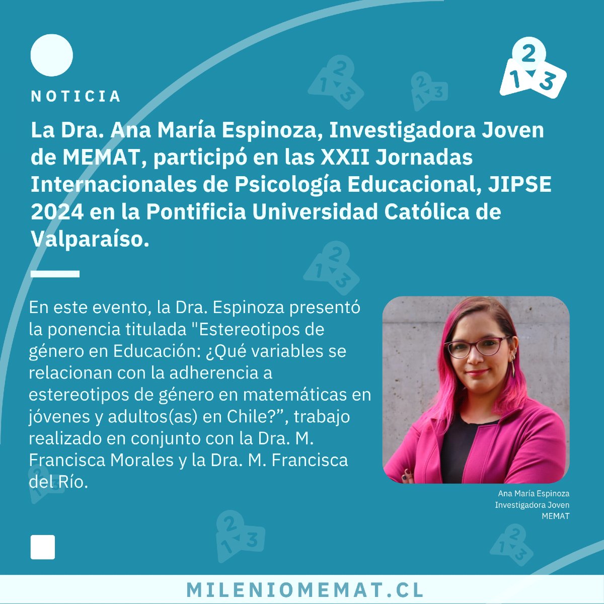 milenioMEMAT's tweet photo. La Dra. Ana María Espinoza, Investigadora Joven de MEMAT, participó en las XXII Jornadas Internacionales de Psicología Educacional, JIPSE 2024 en la Pontificia Universidad Católica de Valparaíso. 👏👏

Revisa esta y otras noticias en https://t.co/gMLeCthN0Z 📌 https://t.co/DoDA8WfLx8