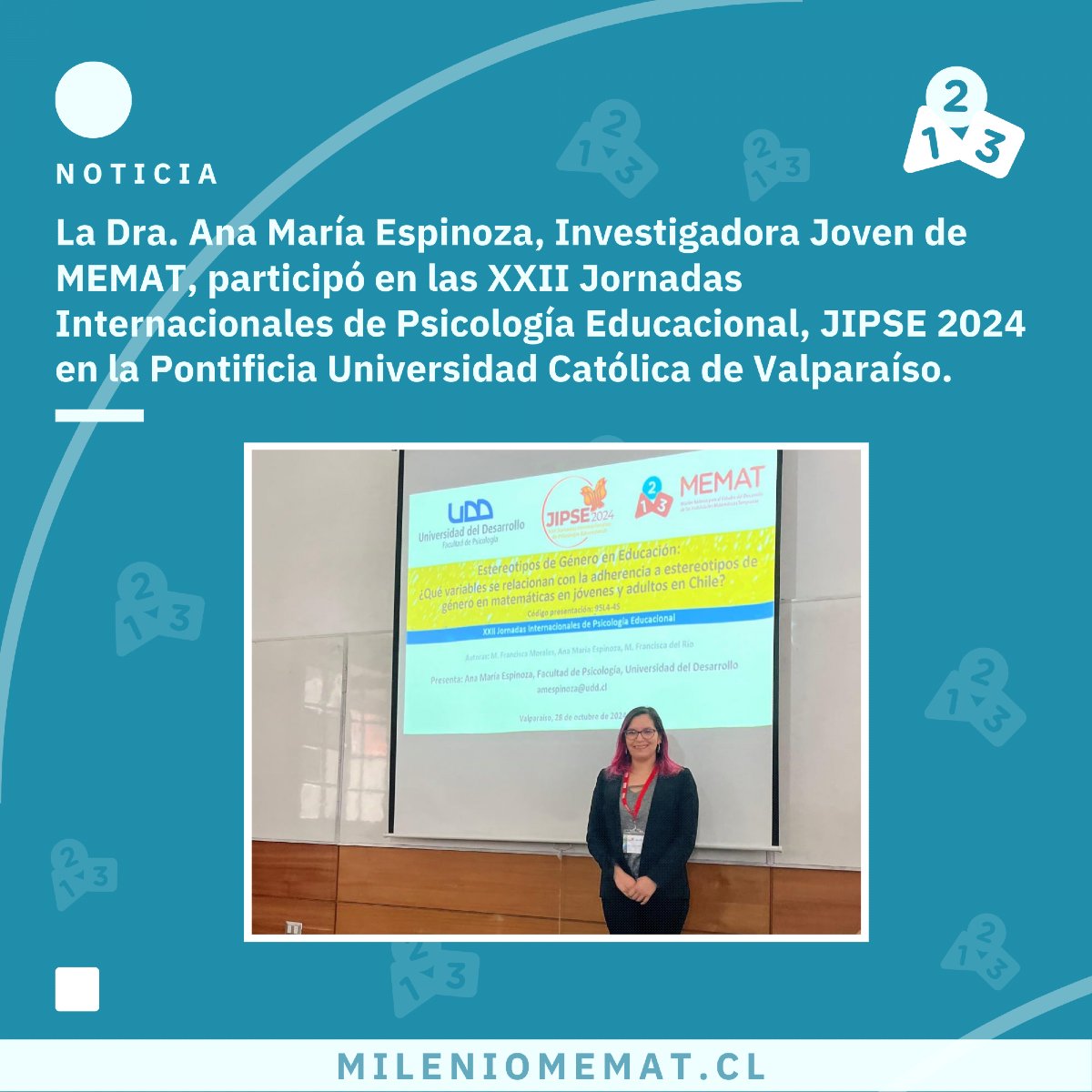 La Dra. Ana María Espinoza, Investigadora Joven de MEMAT, participó en las XXII Jornadas Internacionales de Psicología Educacional, JIPSE 2024 en la Pontificia Universidad Católica de Valparaíso. 👏👏

Revisa esta y otras noticias en MilenioMEMAT.cl 📌