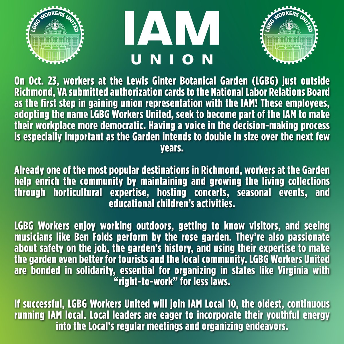 Stay tuned as we share our experiences on social media, organize our coworkers, and vote to join the IAM! #1u #union #organize <a href="/organizeworkers/">Emergency Workplace Organizing Committee (EWOC)</a> <a href="/RichmondWorkers/">Richmond Workers’ Assembly</a> <a href="/SWA_solidarity/">Southern Workers Assembly</a> <a href="/MOF_Richmond/">Mothers Out Front Richmond Area</a> <a href="/Virginia_AFLCIO/">Virginia AFL-CIO</a> goiam.org/news/imail/lgb…