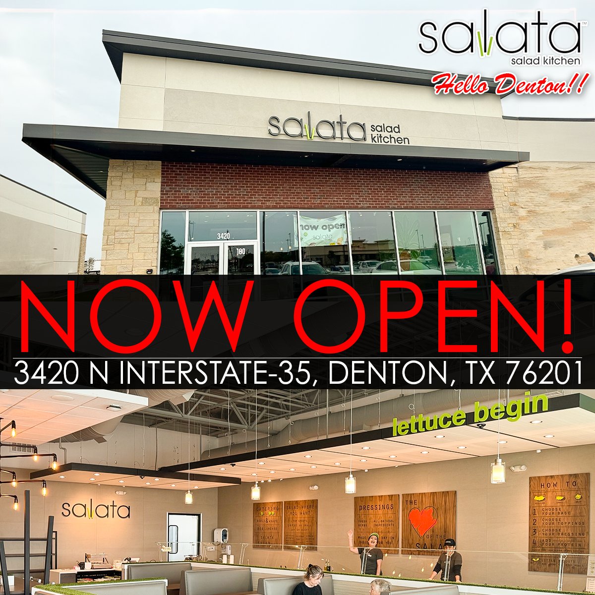 Hello, Denton!! Salata is now open!

📍3420 N Interstate-35, Denton, TX 76201