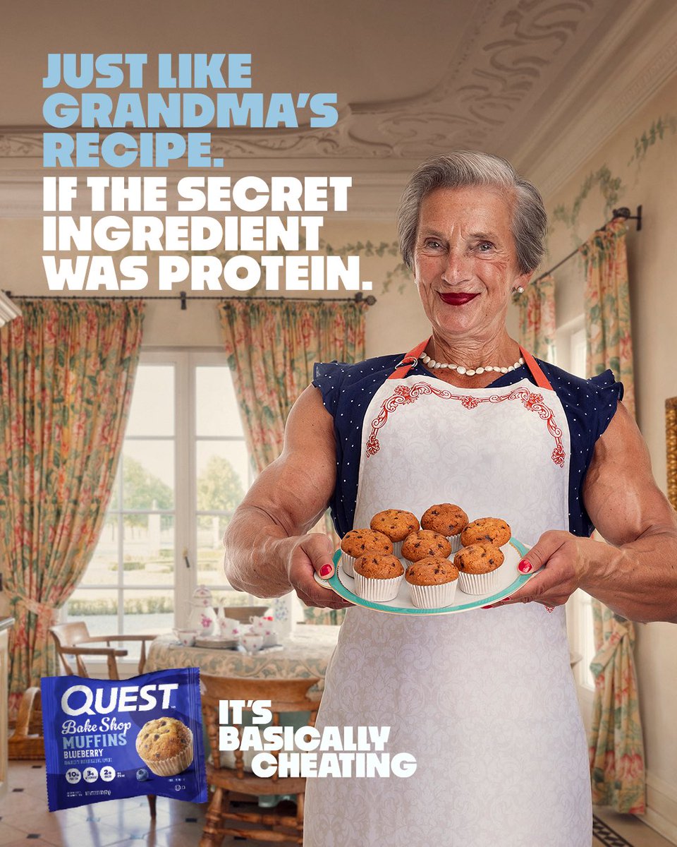 QuestNutrition's tweet photo. With THIS much protein ๐ช, this much sugar ๐ค and THAT much flavor ๐ฃ. Quests Mu๏ฌns taste like Nonaโs โ if Nona repped your max. ๐
#ItsBasicallyCheating https://t.co/ycON6VwzNy