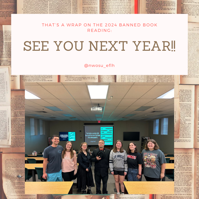 NWOSU_English's tweet photo. Thank you to everyone who read/played Kahoot at the Fall 2024 Banned Book Reading! Y’all made this event a huge success!! #nwosueflh #readbannedbooks #nwosusigmataudelta #nwosuwritersroundtable https://t.co/p2bwbf71jK