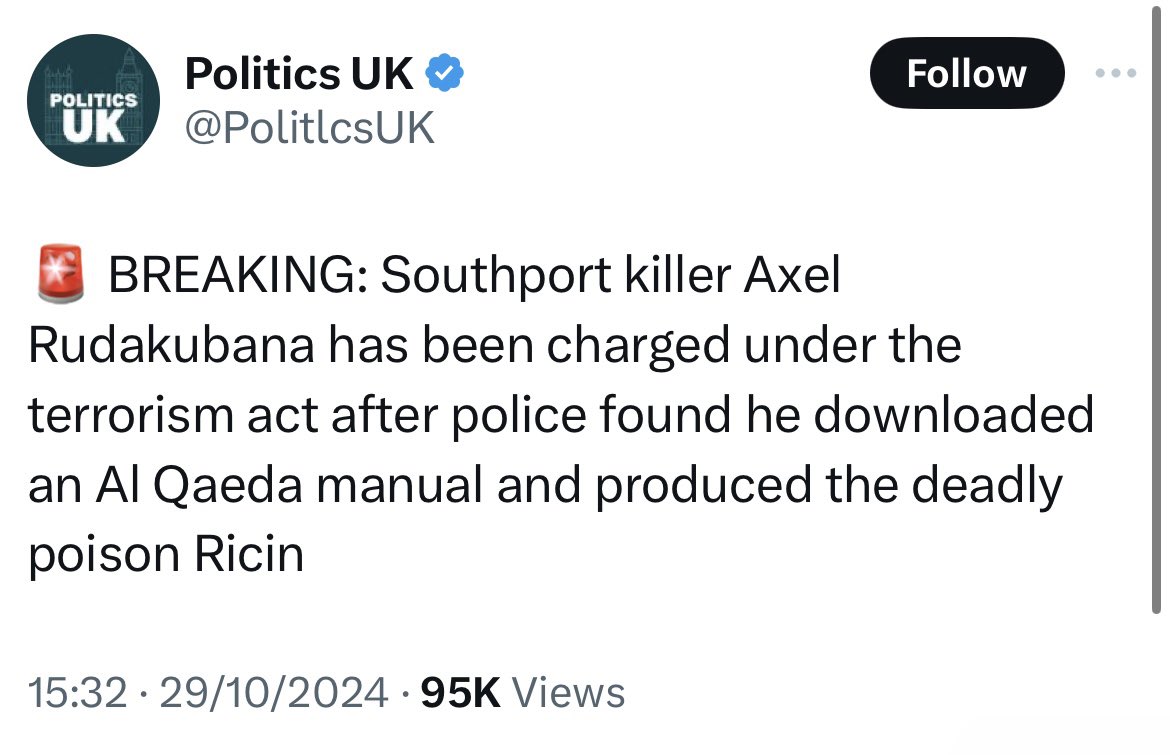 And there it is. Everything we suspected. 

We were told he was a typical Welshman. We were told this wasn’t terror related. We were told it was ‘far right’ to protest.

In a normal world Starmer would apologise to the nation, then resign.