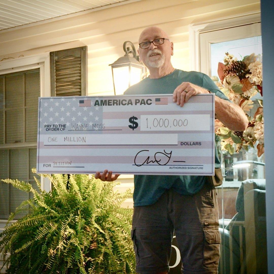 america's tweet photo. Wayne from Griffin, Georgia received $1M for signing our petition to support the Constitution.

Every day until Election Day, a person who signs will be selected to earn $1M as a spokesperson for America PAC.

SIGN: https://t.co/TMeyWUhbrH https://t.co/IbVJC2kGqm