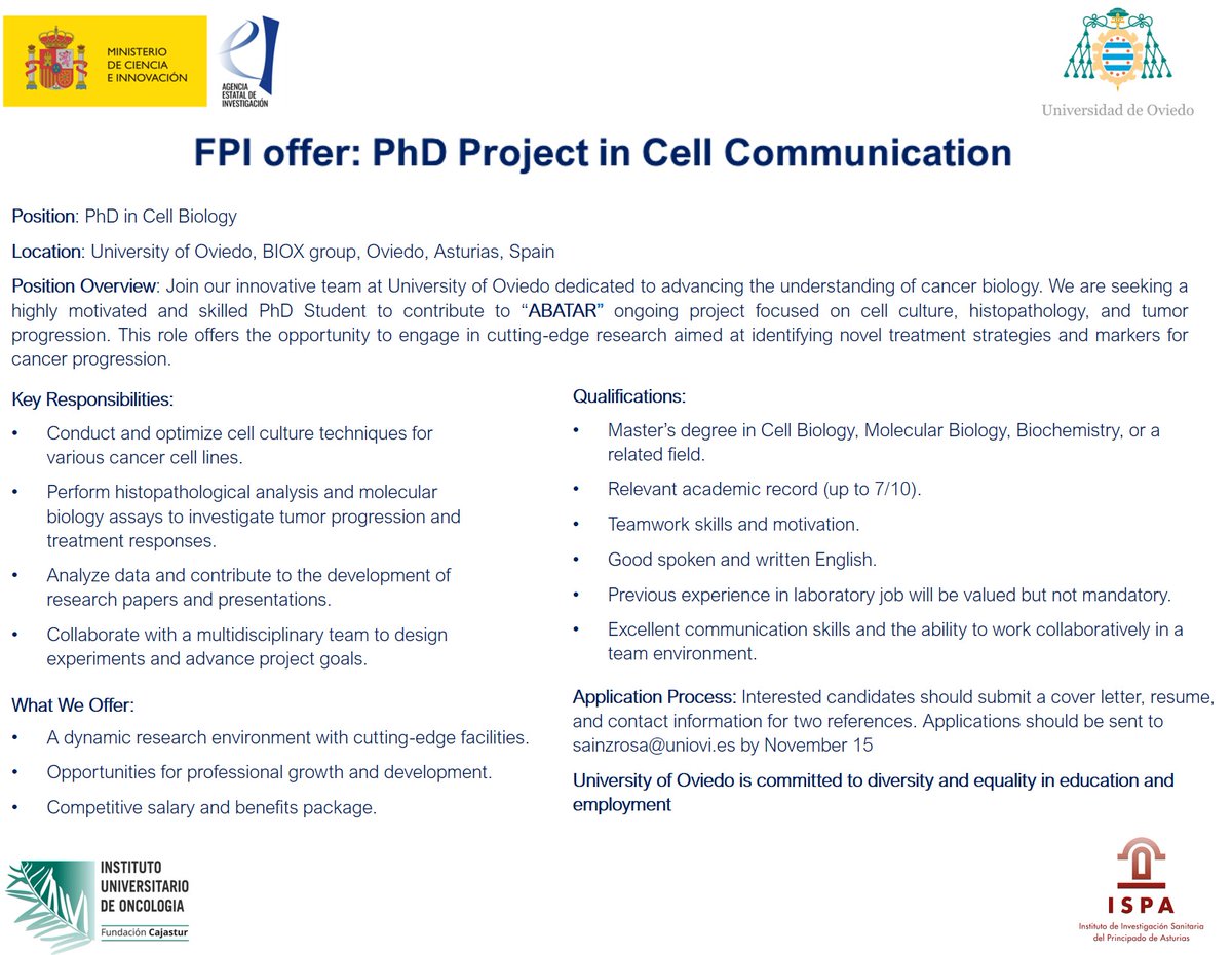 bioxgroup's tweet photo. 📢#FPI offer in Cell Biology
📷@uniovi_info @IUOPA @FINBAsturias 
📅 Applications should be sent by 15.11.2024
🌍Oviedo, Asturias https://t.co/eYkbdrrmEv