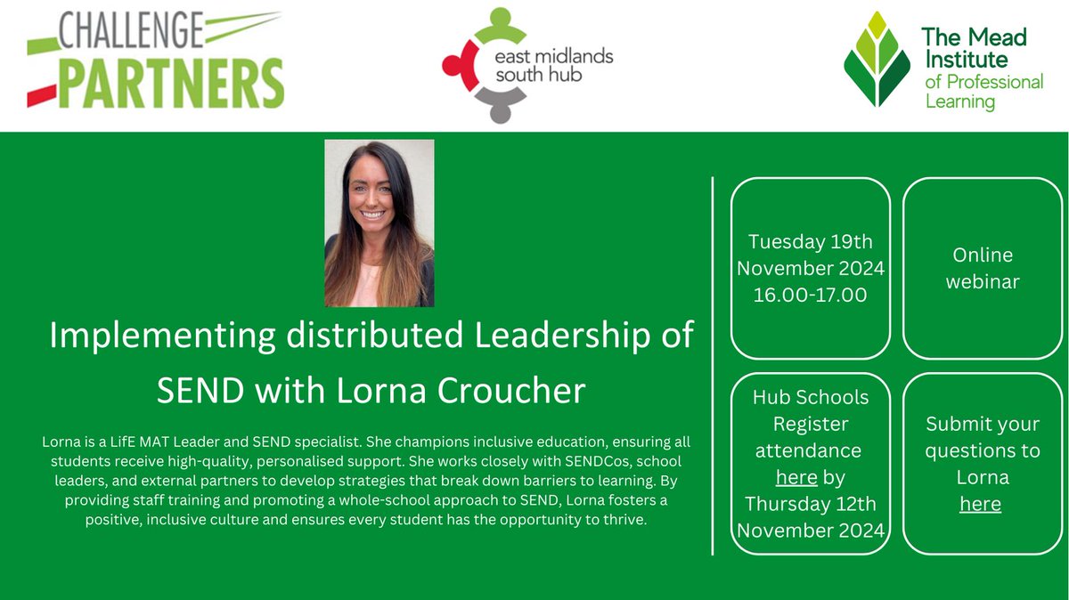 📢 Join us for Implementing Distributed Leadership of SEND with Lorna Croucher!
@ChallengePartnr
🗓️ Tuesday, 19th November 2024
⏰ 16:00 - 17:00

Don't miss this insightful session on effective SEND leadership strategies!

#SEND #Leadership #Education #TheMeadInstitute
