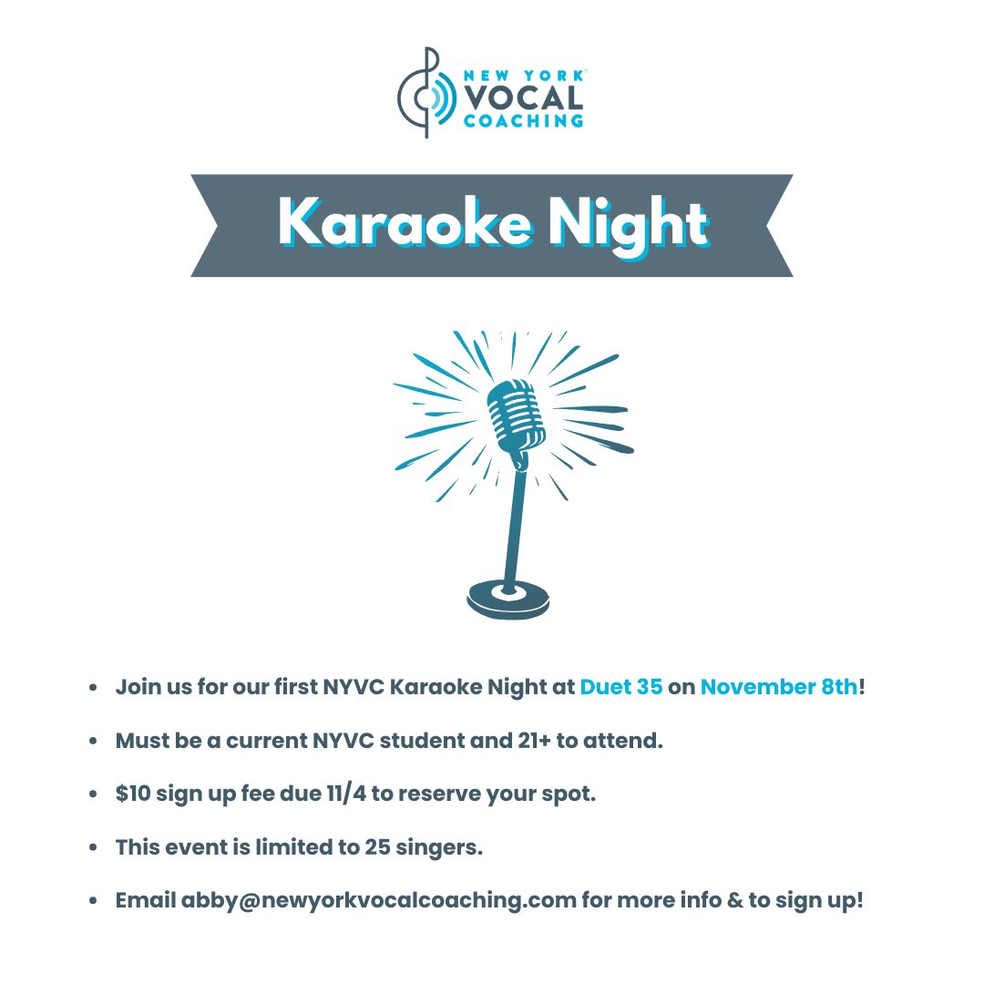 NYVocalCoaching's tweet photo. We’re thrilled to announce our very first NYVC Karaoke Night! 🎤💫 It will take place at Duet 35 in Manhattan on November 8th. We can’t wait to sing with you!😃

#karaokenight #newyorkvocalcoaching #nycsinger https://t.co/V8p01GiYY0