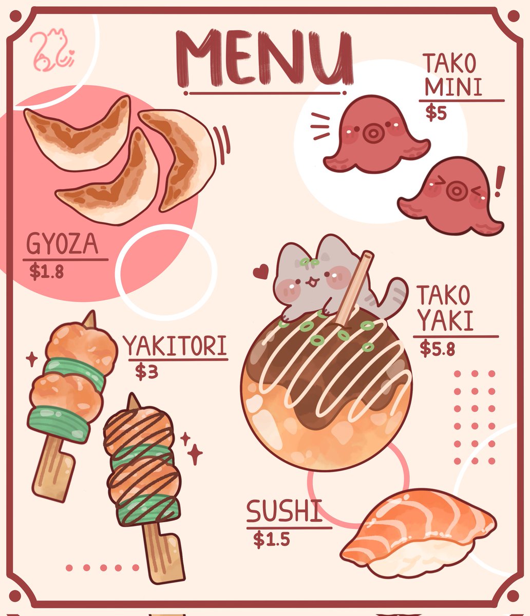 vanillatune's tweet photo. Izakaya menu! Do you know what an Izakaya is? Izakaya stands for Japanese small bar, which usually sell snacks and other inexpensive food to accompany alcoholic beverages!
What's your fav Izakaya menu?

#originalcharacters #cuteillutration #cat https://t.co/dmYINWLD8W