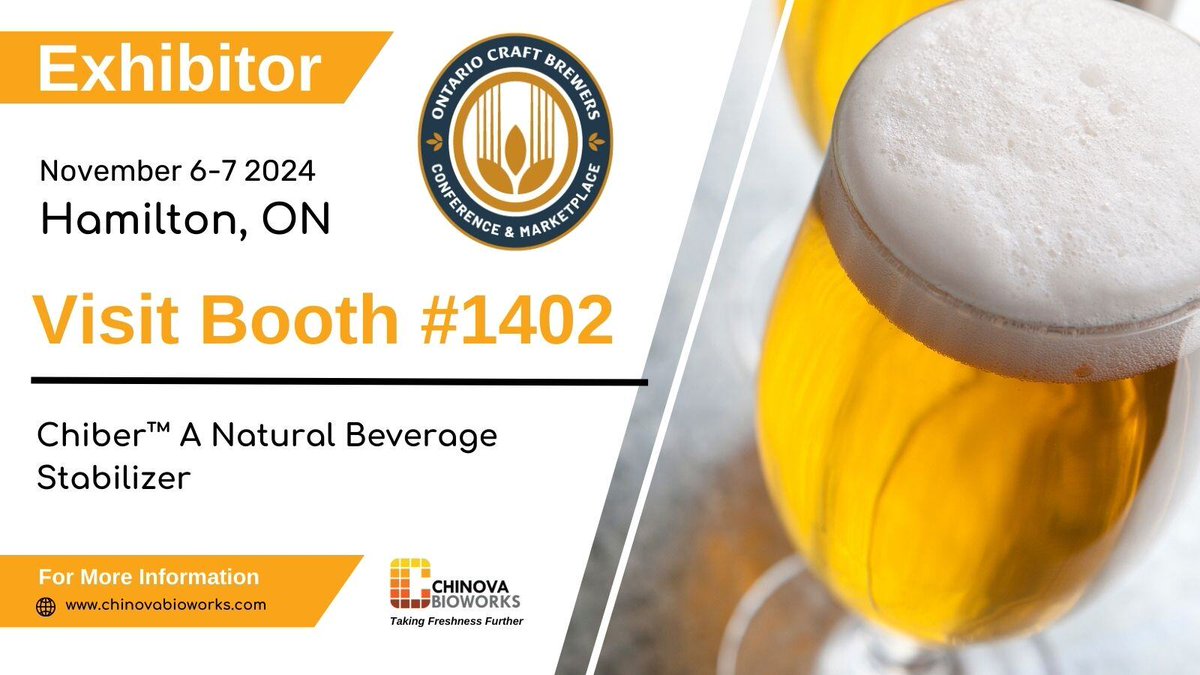 ChinovaB's tweet photo. π£ Exciting News from Chinova Bioworks!
We are attending the @OntCraftBrewers Conference on Nov 6-7, 2024, at the Hamilton Convention Centre! Visit Booth 1402 to explore how Chiberβ’ improves upon quality of your craft beverages.
#OCBC24 #CraftBrewing #ChinovaBioworks #Chiber https://t.co/KYlZtupsDf