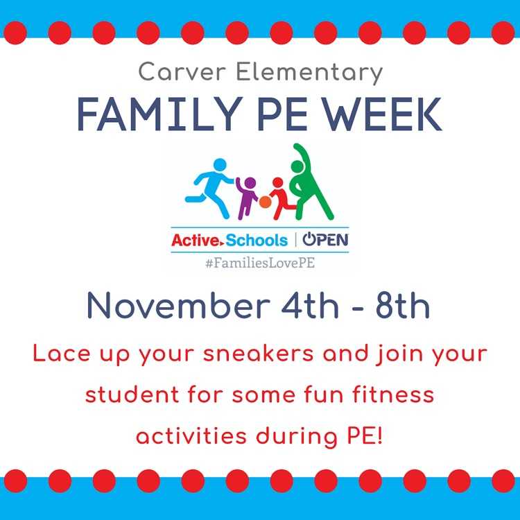 Lace up your sneakers! 👟👟 You’re invited to join your child for some fun fitness activities during PE next week. 🏃‍♂️‍➡️🏃🏽‍♀️‍➡️ Check your Wildcat’s backpack for the Family PE Week flyer and visitor’s sticker. secure.smore.com/n/zbv91