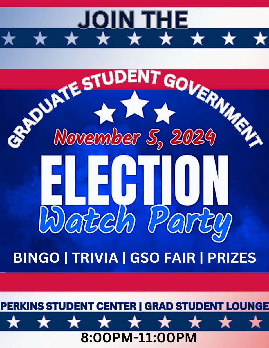 UD_GSG's tweet photo. Please join the Graduate Student Government for the election night watch party!
✨Trivia
✨Bingo
✨GSO Fair
✨PRIZES
Tuesday, 11/5 | Perkins Student Center| Grad Student Lounge https://t.co/tAQuh3BXdo