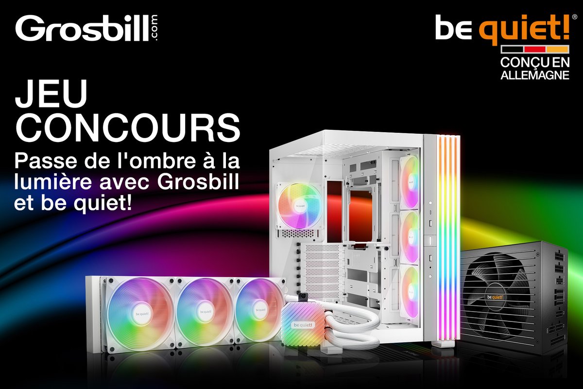 🎁 JEU CONCOURS 🎁 

Tente de gagner un lot Be Quiet!
Tous les détails dans le règlement ➡️ shorturl.at/7cd86

Pour participer : 
❤️ Like
🔄 RT
✅ Follow <a href="/grosbill_com/">Grosbill</a> &amp; <a href="/bequietFR/">be quiet! FR</a>

TAS : 05/11 📆

🚨 Seul notre compte contactera le/la vainqueur(e) 🚨
