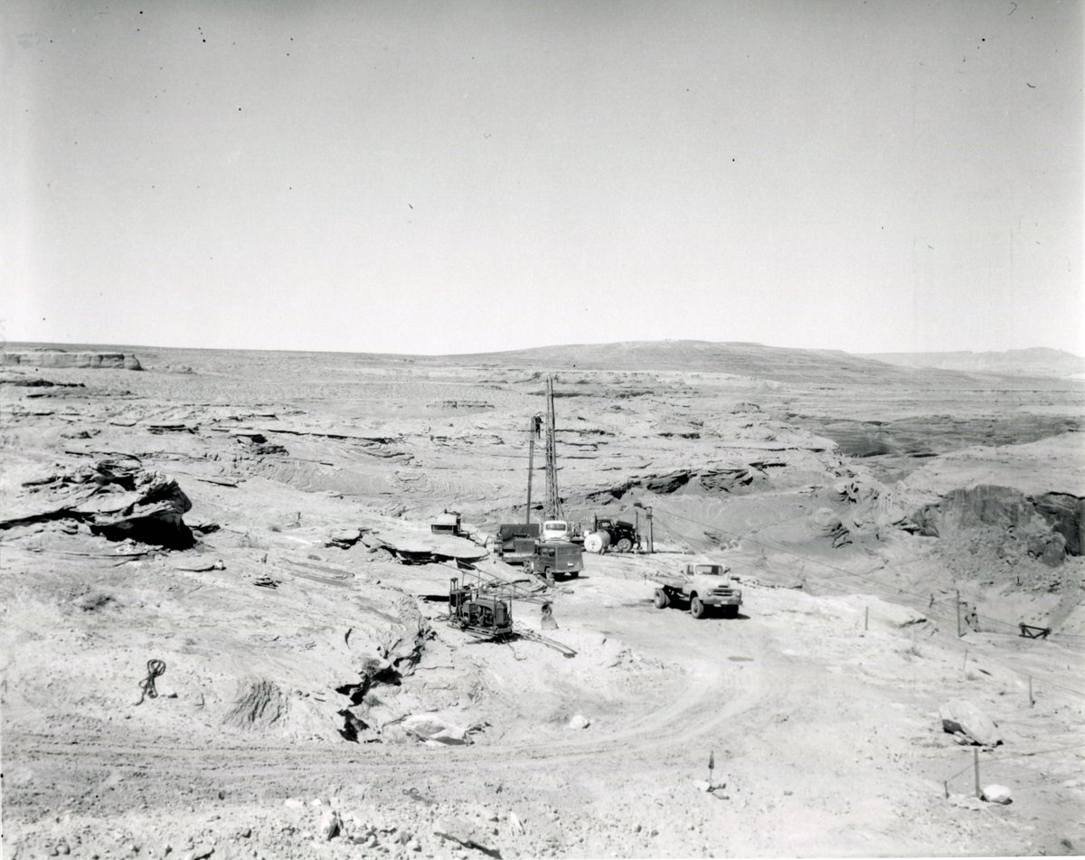 From the Archives: A Bureau of Reclamation photo showing the drilling crew preparing the placement for the cannon. Diamond Drilling company works to prepare the area for the Glen Canyon Project.

What do you think the cannon was used for?
