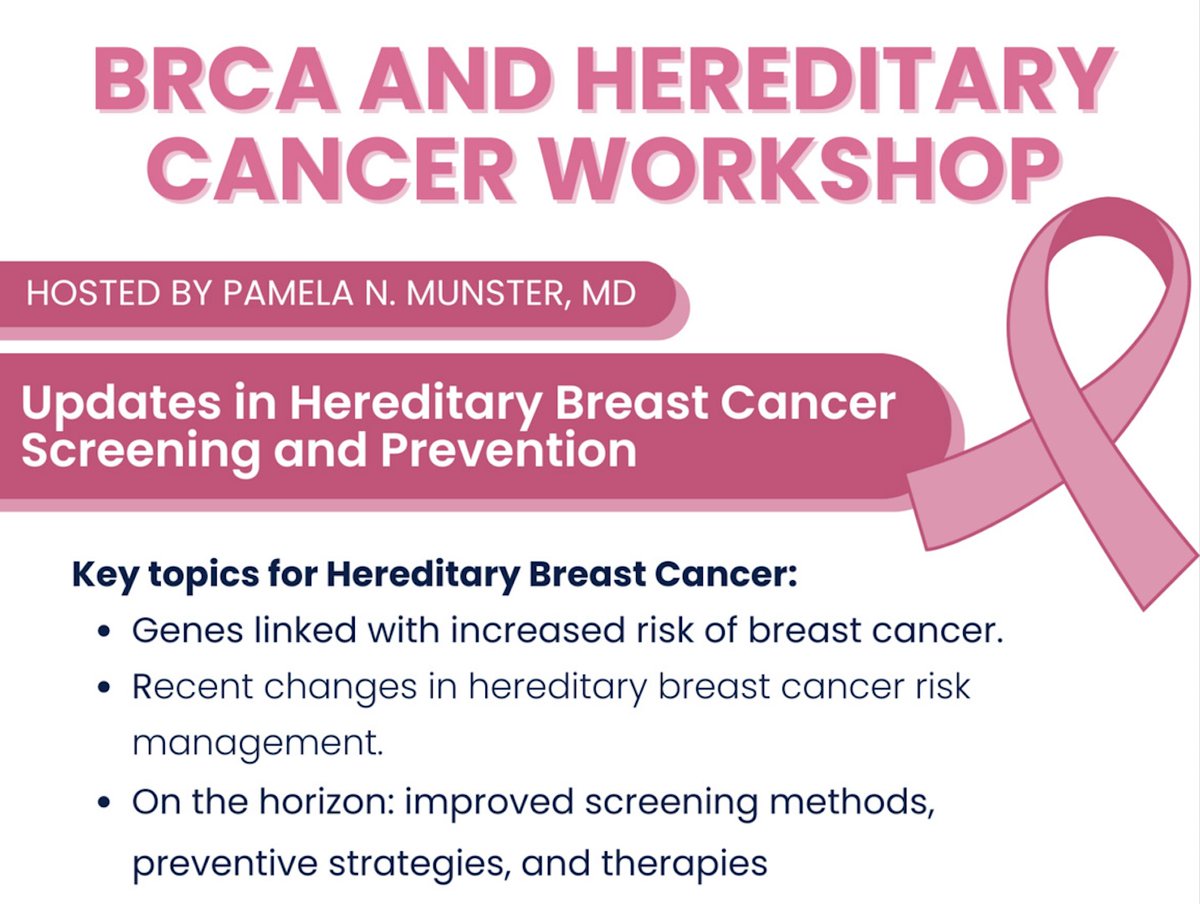 Tuesday, Nov 12th, 5:30 - 7:00 pm PT. <a href="/UCSFCancer/">UCSF Helen Diller Family Comprehensive Cancer Ctr</a> BRCA and Hereditary Cancer Workshop | Updates in Hereditary Breast Cancer Screening and Prevention. With <a href="/PMunsterMD/">PMunsterMD</a>, Michelle Melisko, MD, Elizabeth Lynn, NP, MSN &amp; Julie Mak, CGC, MS @ucsfhospitals ow.ly/B8TN50TUYEC #bcsm