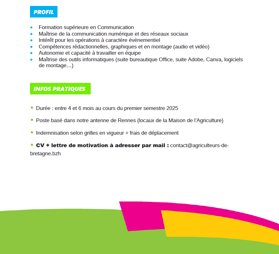 [Offre de stage] L'association propose un stage en communication Grand Public et Numérique d'une durée de 6 mois sur le premier semestre 2025, basé à Rennes. #stage #communication #agriculture #numerique #evenementiel