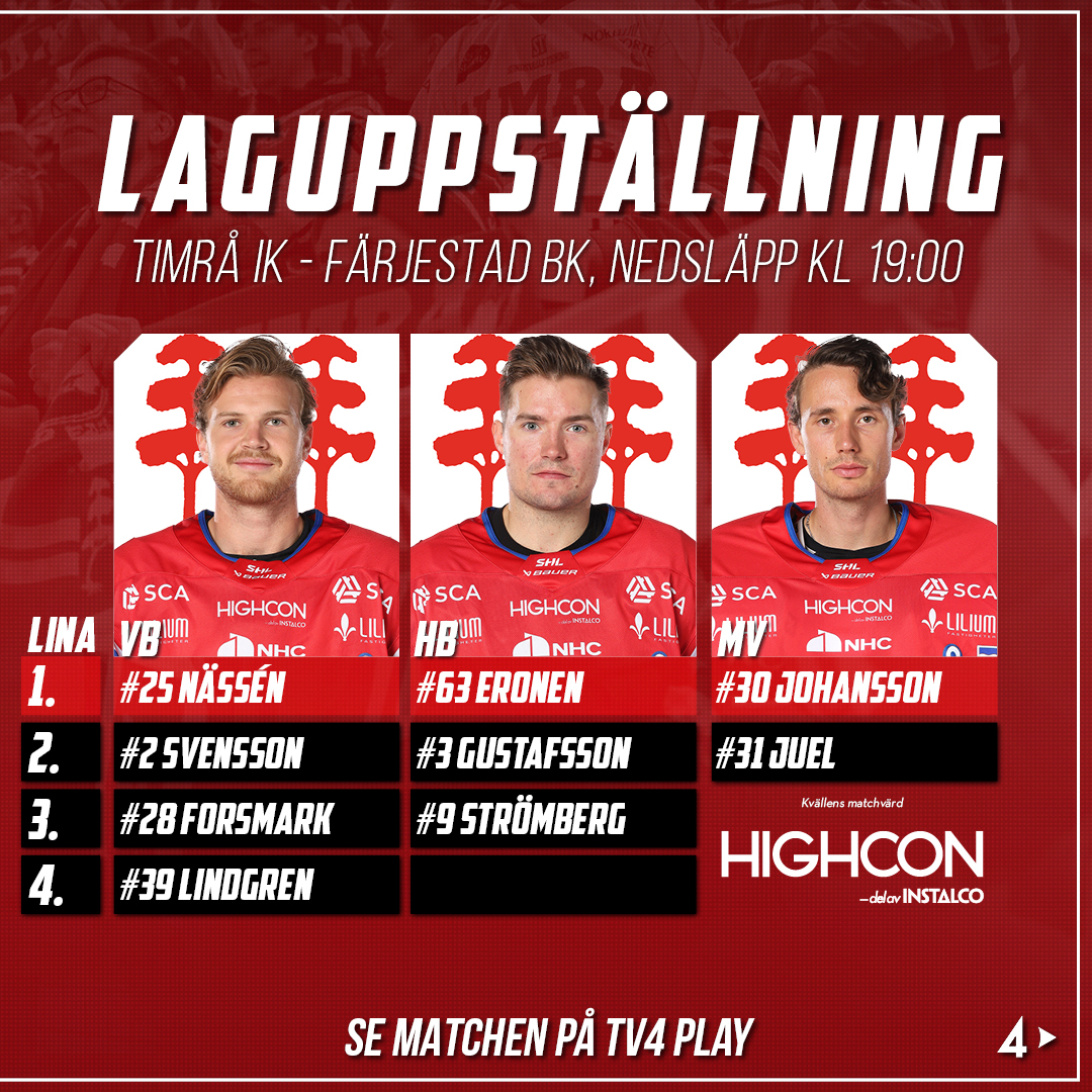 timra_ik's tweet photo. Kvällens match mot Färjestad BK närmar sig - Så här ställer vi upp. Nedsläpp kl 19:00! #timraik https://t.co/gqTMIq0v7F
