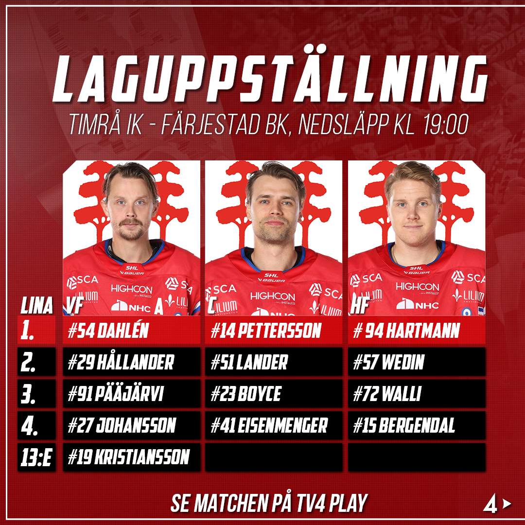 timra_ik's tweet photo. Kvällens match mot Färjestad BK närmar sig - Så här ställer vi upp. Nedsläpp kl 19:00! #timraik https://t.co/gqTMIq0v7F